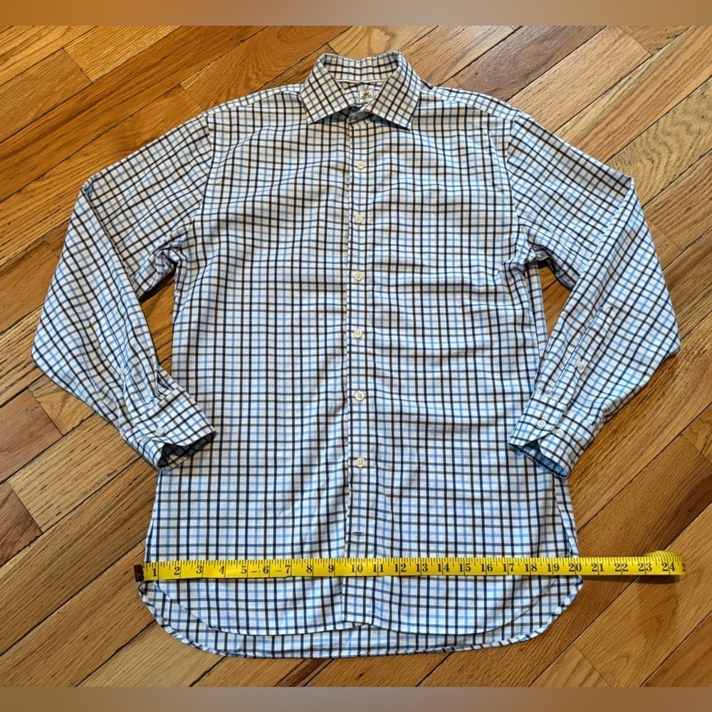 Peter Millar Nanoluxe Easy Care Shirt Blue/White/Brown Check Men Sz M 15.5 Reg - Picture 9 of 12